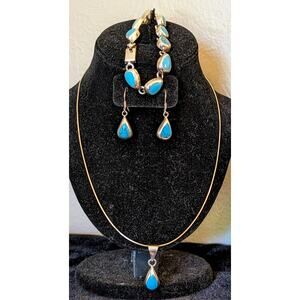 Mexico 925 Sterling Turquoise Inlay Teardrop Bracelet, Necklace & Earring Set